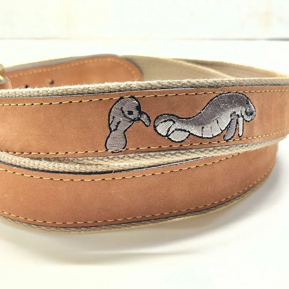Vtg Zeppelin Mens Manatee Tan Brown Leather Belt Size 46 XL Nautical Brass USA